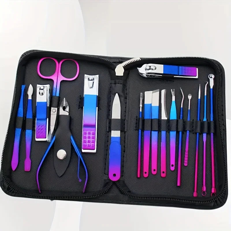 Blushimmer stainless steel manicure and pedicure kit with 9-18 tools, including nail clipper and scissors, in a travel case.
