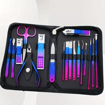 Blushimmer stainless steel manicure and pedicure kit with 9-18 tools, including nail clipper and scissors, in a travel case.