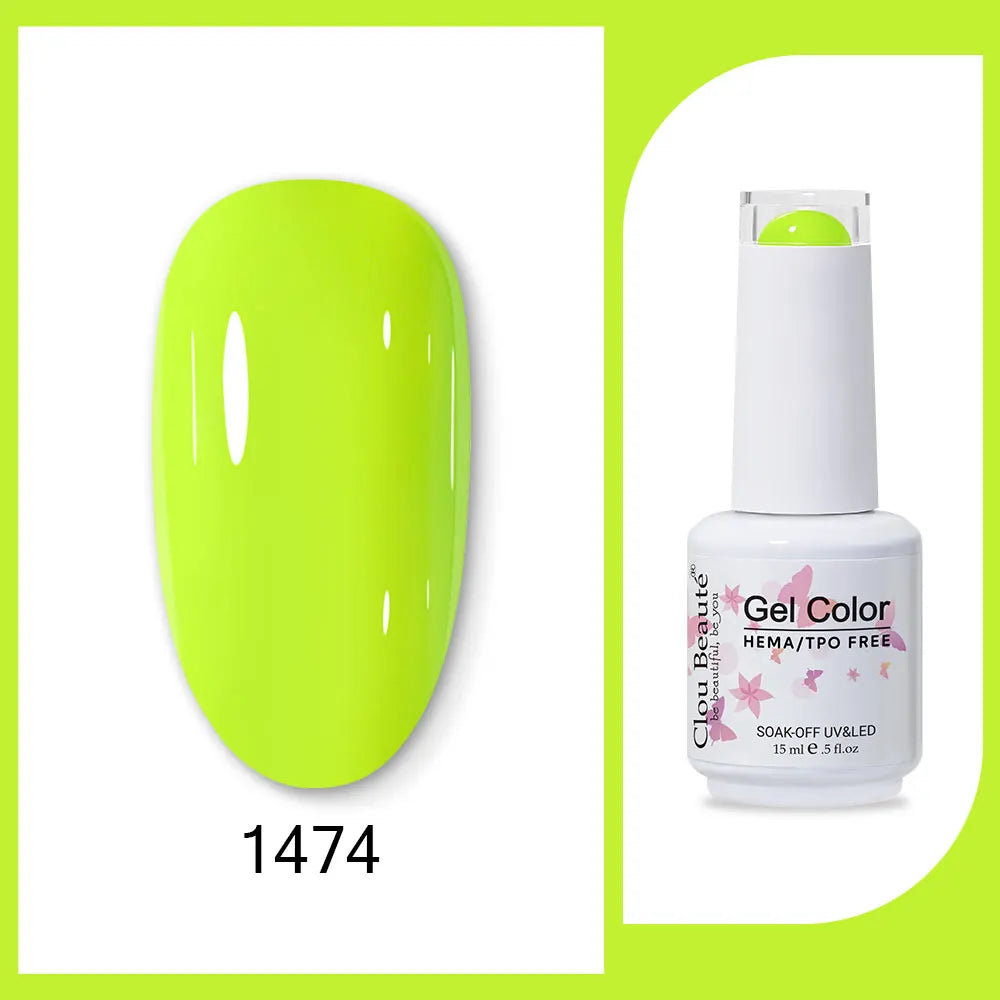 Blushimmer Clou Beaute 15ml neon gel nail polish with red, black, white, and green colors, featuring velvet top coat and semi-permanent finish.