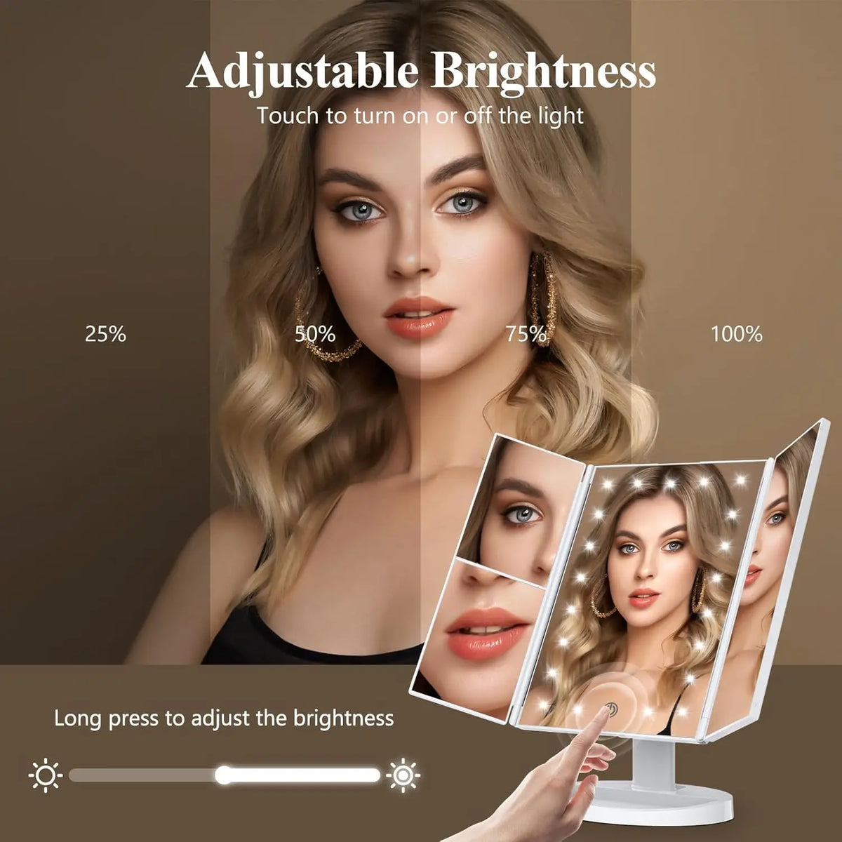 Blushimmer vanity makeup mirror with LED lights, 2X/3X/10X magnification, touch control, portable and dual power supply.