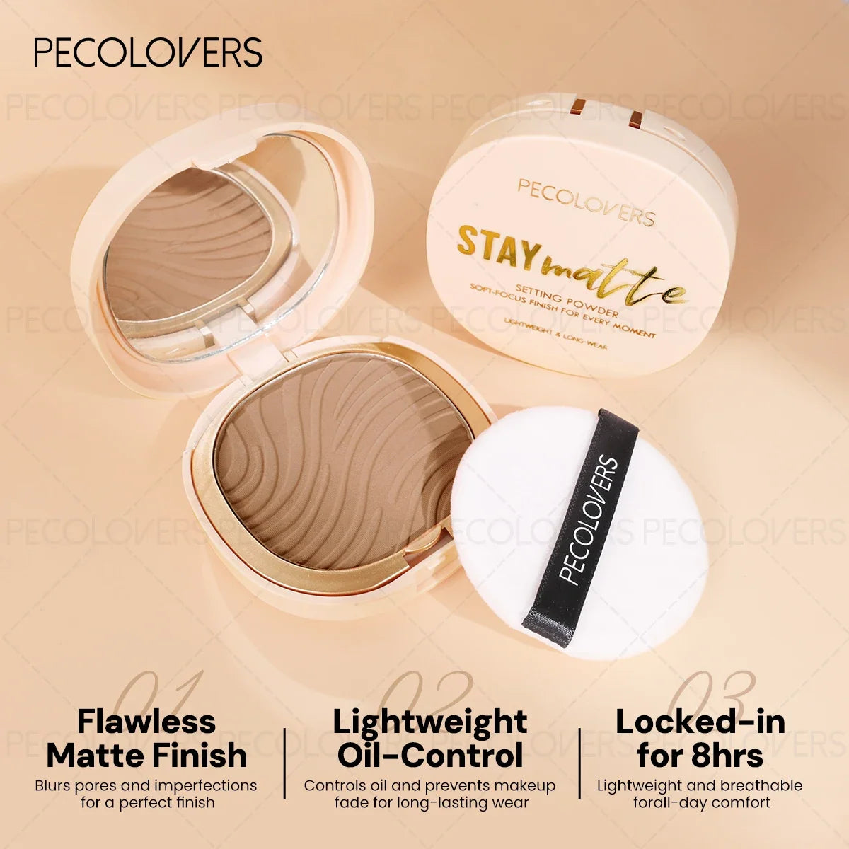 Blushimmer waterproof pressed powder foundation with matte finish, full coverage, suitable for all skin types in light to medium tone.