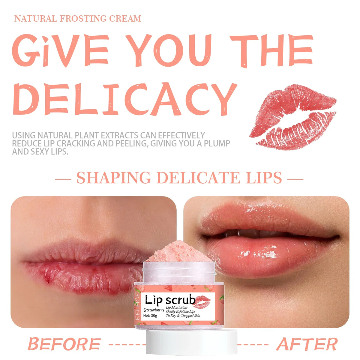 Blushimmer strawberry and orange lip scrub with honey, exfoliating and moisturizing deep cleaning for bright, smooth lips
