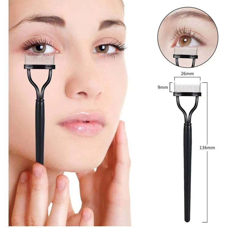 Blushimmer metal eyelash separator with straight teeth and stainless steel comb for precise mascara application and lash curling.