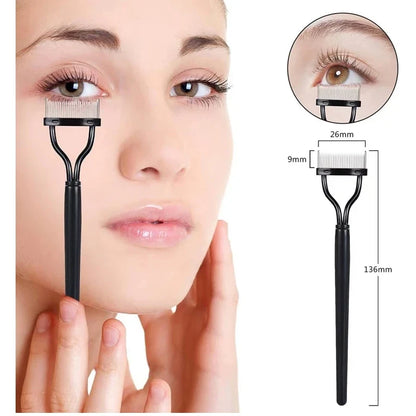 Blushimmer metal eyelash separator with straight teeth and stainless steel comb for precise mascara application and lash curling.