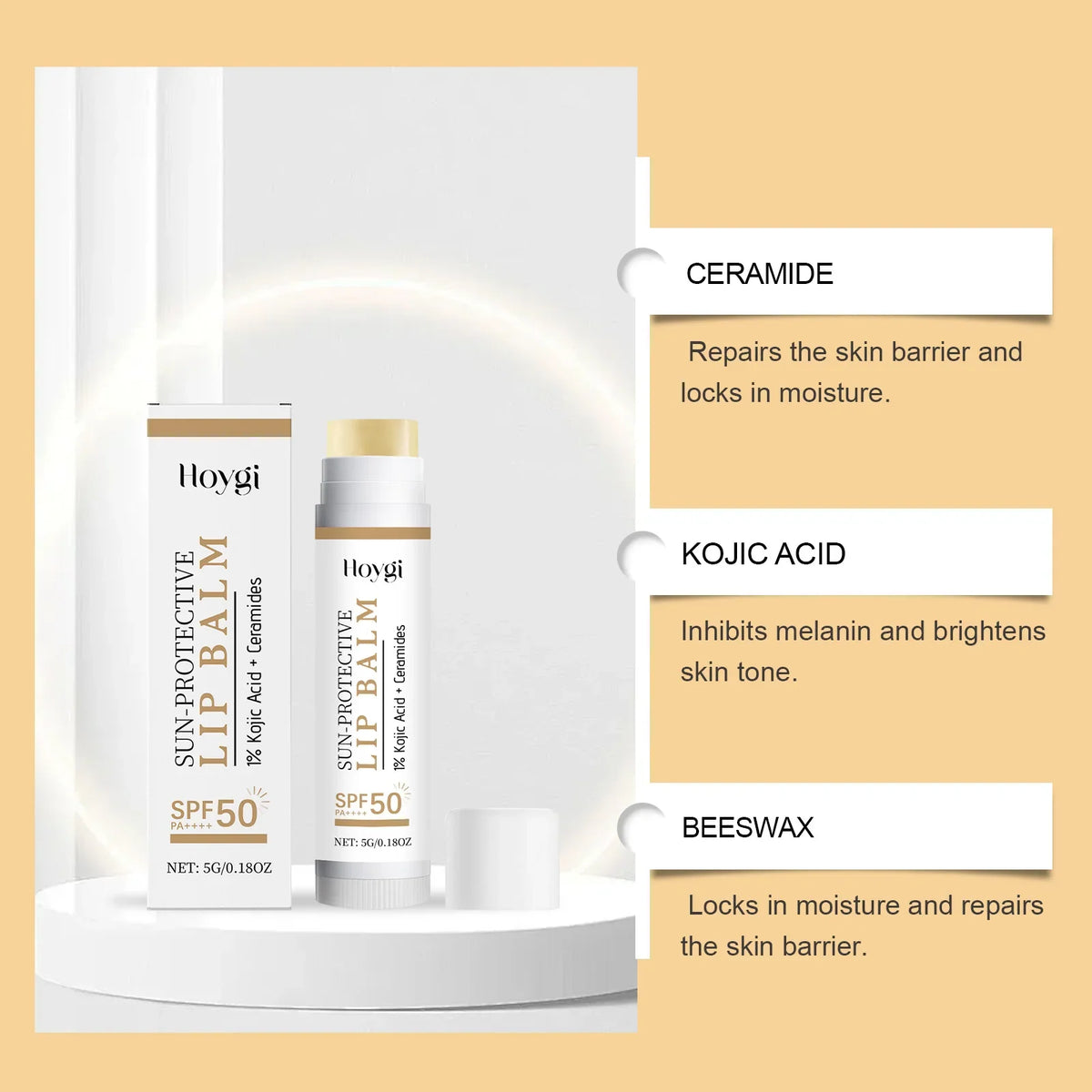 Blushimmer SPF50+ sun protective lip balm with hydrating, nourishing formula, featuring kojic acid and ceramide for bright, smooth lips.