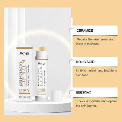 Blushimmer SPF50+ sun protective lip balm with hydrating, nourishing formula, featuring kojic acid and ceramide for bright, smooth lips.