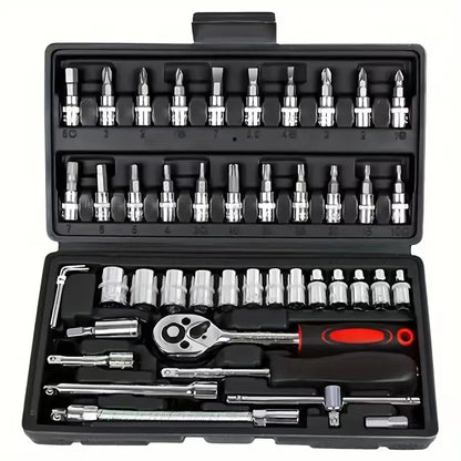 Hi you: 46 piece car repair tool kit: ratchet torque wrench, wrench, screwdriver, socket set combination - perfect for bicycle a