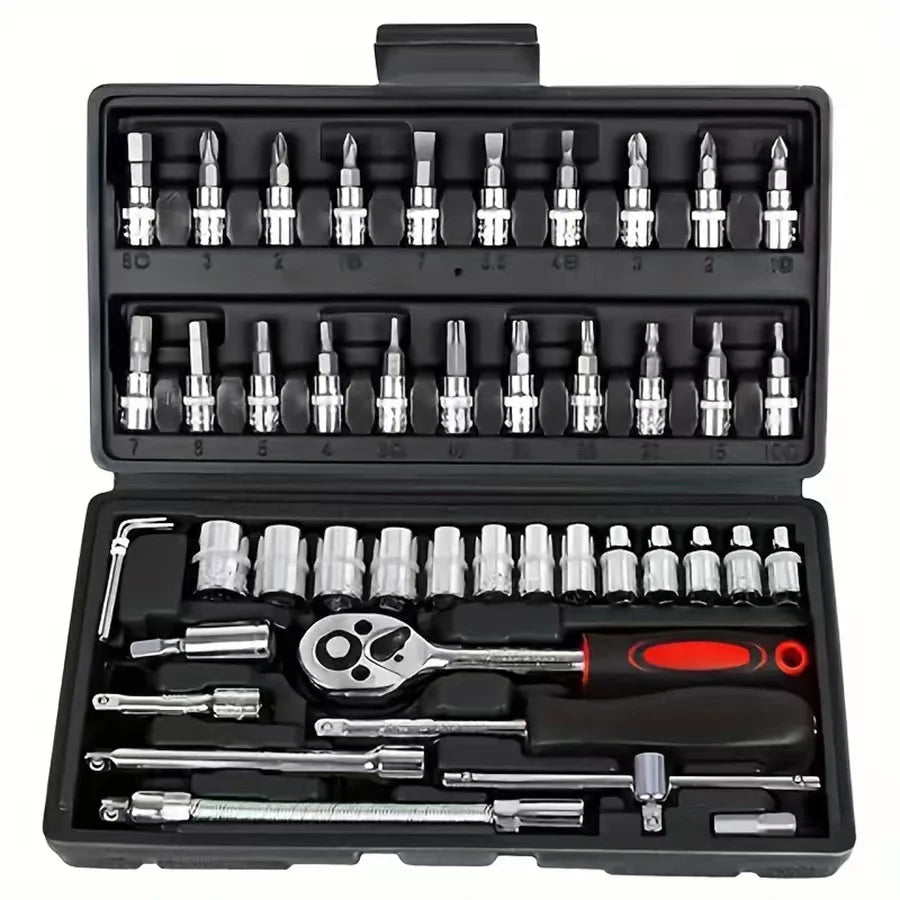Hi you: 46 piece car repair tool kit: ratchet torque wrench, wrench, screwdriver, socket set combination - perfect for bicycle a