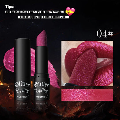 Blushimmer glitter lipstick with diamond pearlescent metallic finish on black lips, waterproof and long-lasting makeup for women.
