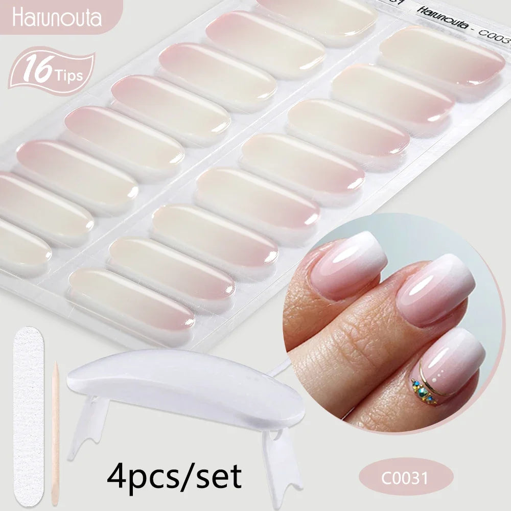 Blushimmer Harunouta 4-piece set of nude pink gel nail strips with waterproof, semi-cured jelly design and a matching nail lamp.