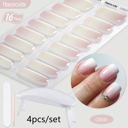 Blushimmer Harunouta 4-piece set of nude pink gel nail strips with waterproof, semi-cured jelly design and a matching nail lamp.