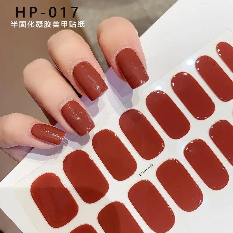 Blushimmer 16Tips glitter semi-cured gel UV stickers with 3D French gradient and shiny glitter powder for full cover nail decoration.