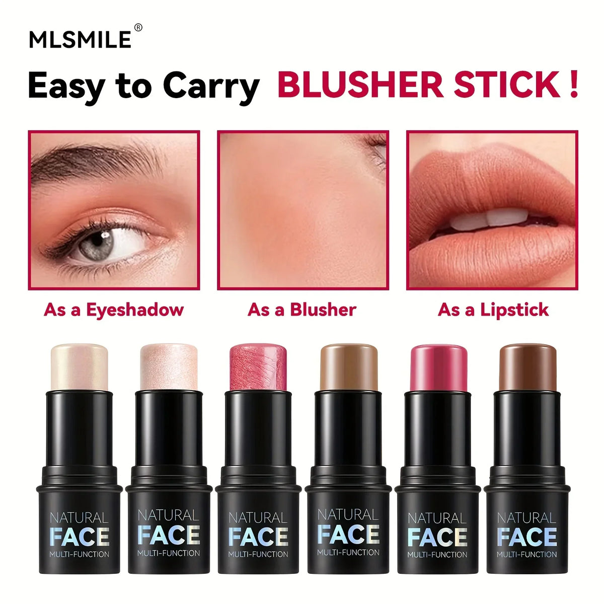 Blushimmer cream contour sticks with highlighter, bronzer, and blush for face contouring, non-greasy and water-resistant.