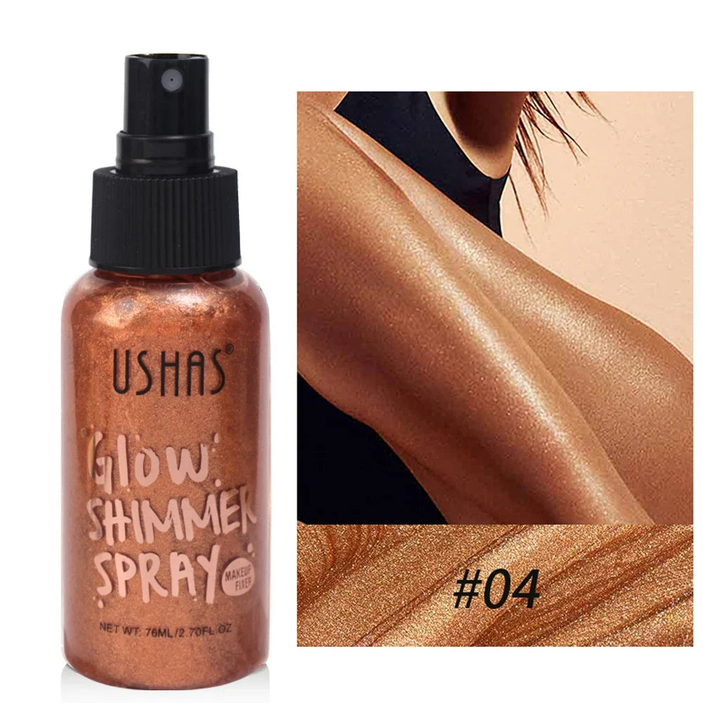 Blushimmer liquid bronzer highlighter setting spray with illuminating shimmer, brightening glow for face makeup application.