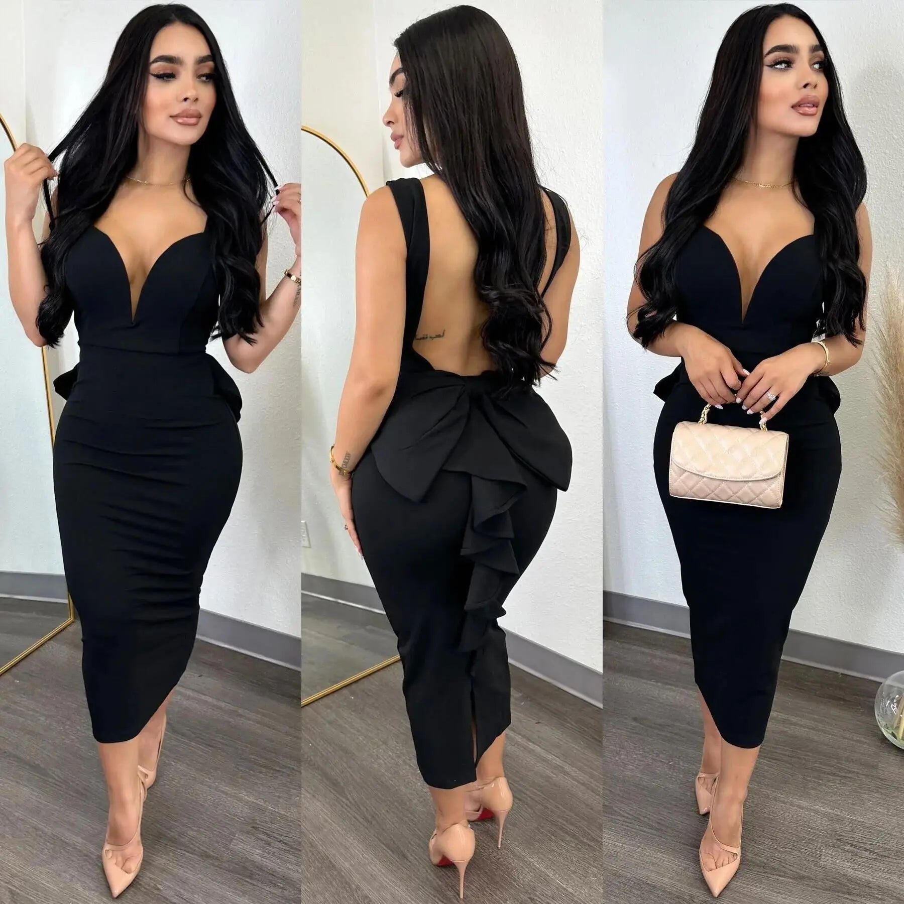 XTOCEAN Dress for Women Streetwear Elegant Solid Color Hip Wrap Open Back Deep V High Waist Split Bodycon Dresses