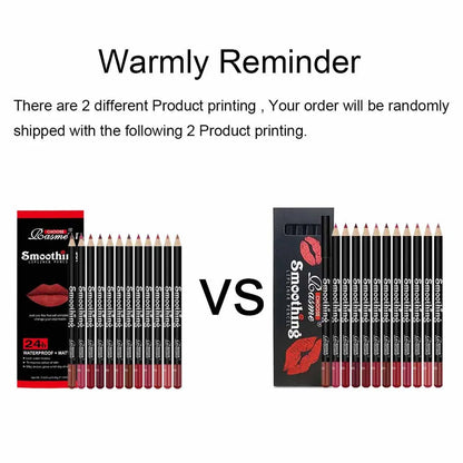 Set of 12 Blushimmer lip liner pencils in various colors, featuring matte finish and non-stick cup design for precise application.
