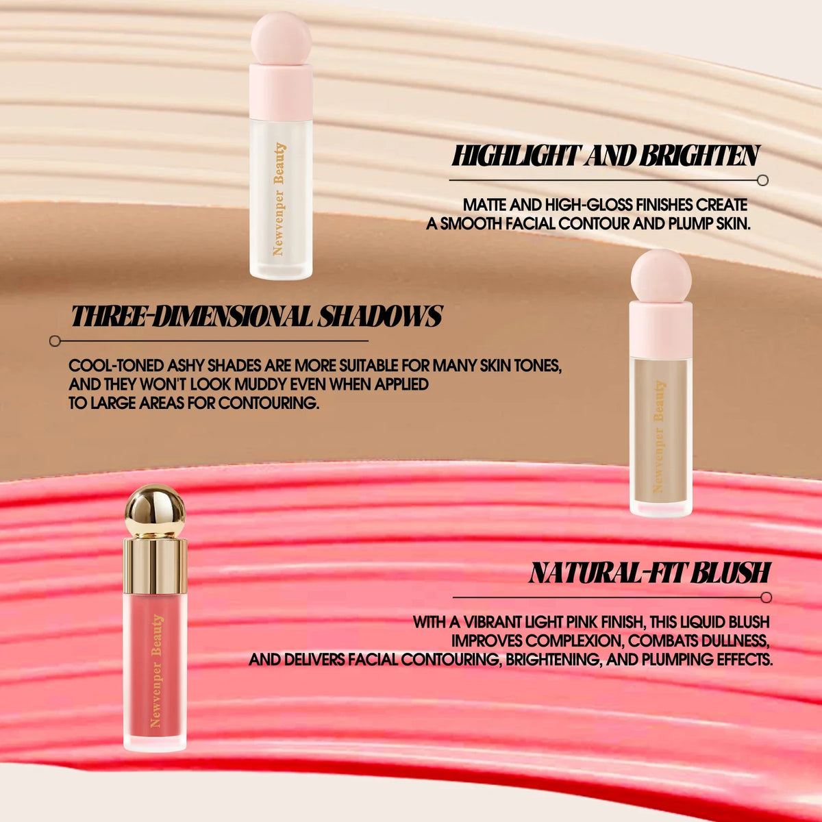 Blushimmer liquid highlighter, blush, and contour stick set for face and body with a silky glow and matte pink shade.