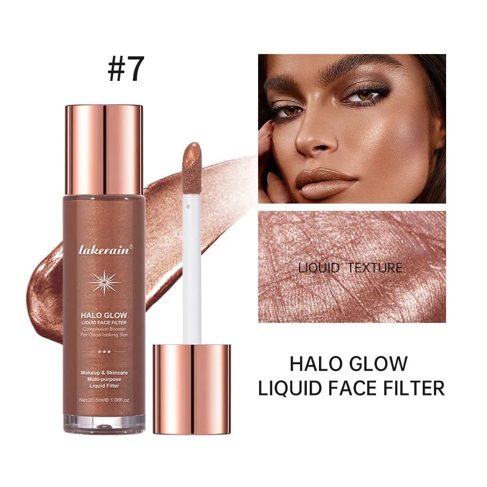 Blushimmer Halo Glow Liquid Highlighter and Contour Liquid Filter with pearlescent shimmer for face and body makeup accentuation