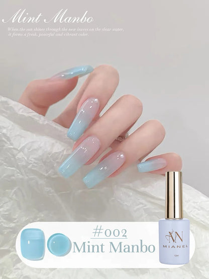 Blushimmer MIANEL 12ML Emperor Green Cat Eye Gel Nail Polish showing vibrant green color with cat eye effect on a nail sample.