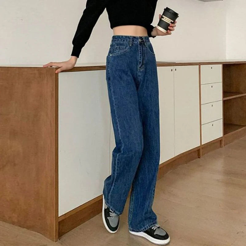 Lady Classic Daily High Waist Jeans Female Korean Solid Thin Pants Women Fashion Baggy Straight Leg Denim Trousers