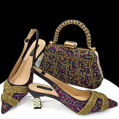 Luxurious EdleessFashion women's shoes and bag set with rhinestones, elegant design, perfect for special occasions.