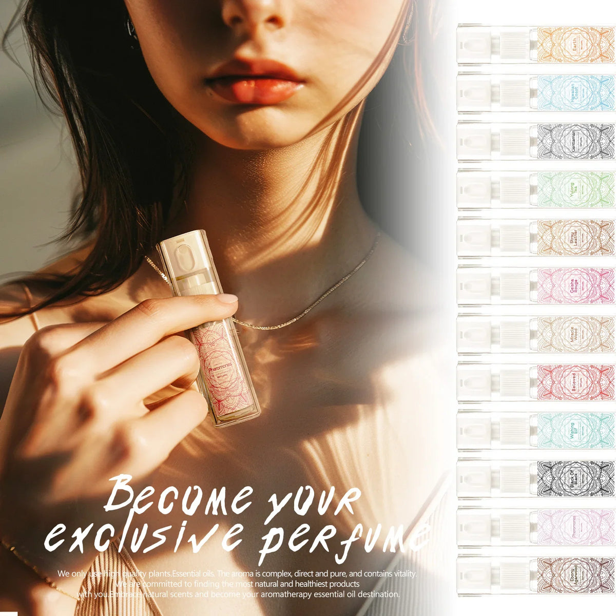 Blushimmer 12-types spray essential oil perfume for women, floral fruity woody body fragrance with long-lasting pheromones.