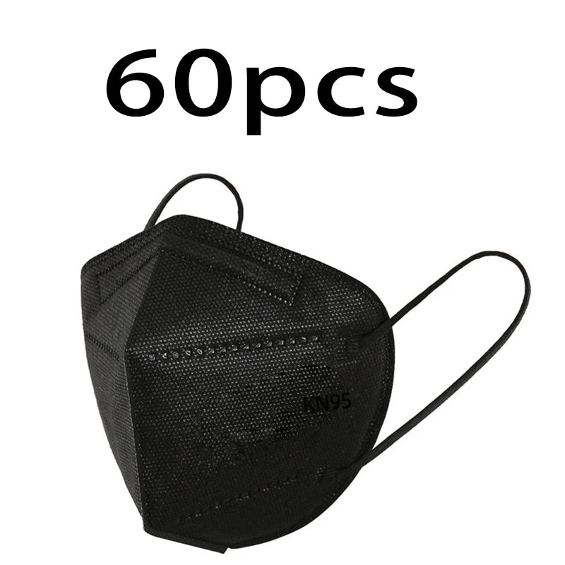 20/40/60pcs white and black 5-layer KN95 masks, with breathable elastic earrings, filtration efficiency of 95%, dustproof