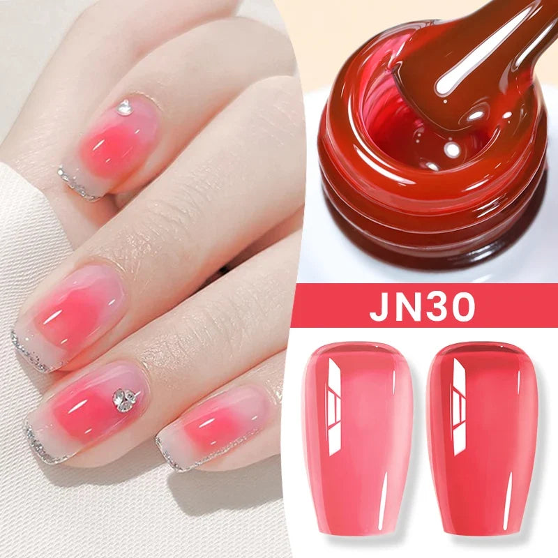 Blushimmer BORN PRETTY Jelly Nude Gel Nail Polish in light pink peach, 10ml, showing the translucent gel bottle and applicator.