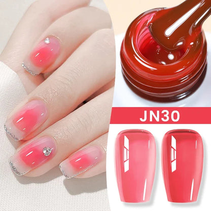 Blushimmer BORN PRETTY Jelly Nude Gel Nail Polish in light pink peach, 10ml, showing the translucent gel bottle and applicator.