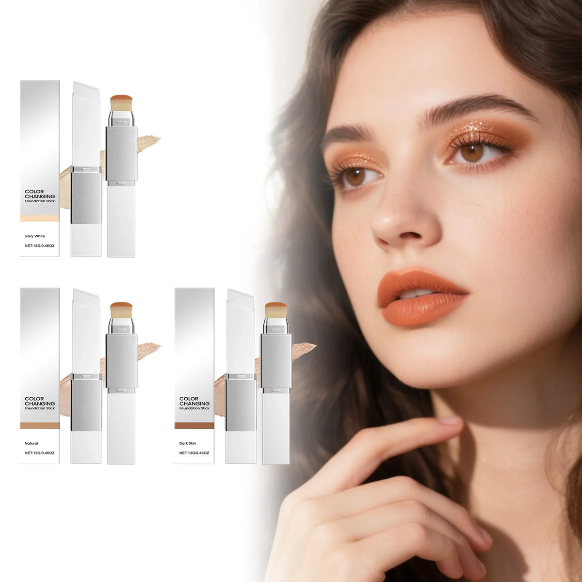 Blushimmer 2-in-1 color-changing foundation makeup stick with double head brush, lightweight liquid base for brightening and matte finish
