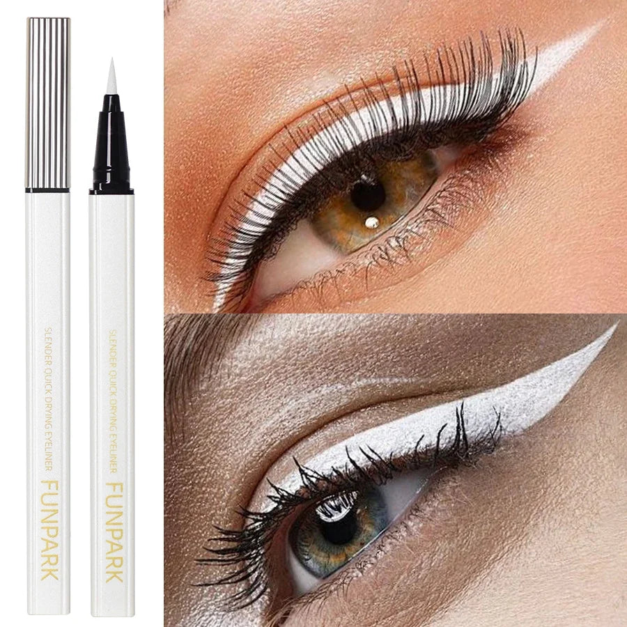 White liquid eyeliner pen by Blushimmer featuring a matte waterproof design and long-lasting formula, shown with the pen tip visible.