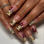 Blushimmer 3D bowknot pearl leopard French nude almond fake nails with detachable press-on design and elegant nail art.