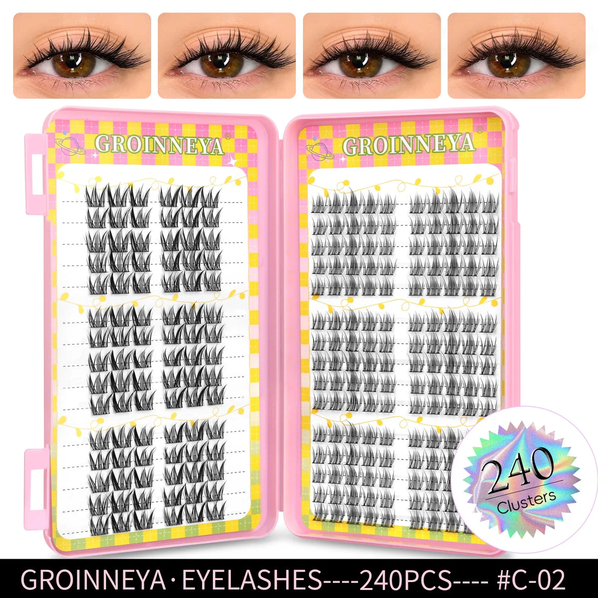Blushimmer GROINNEYA eyelash clusters, 320 pcs natural lash extension tray with mixed volume cluster lashes for eyelash extensions.