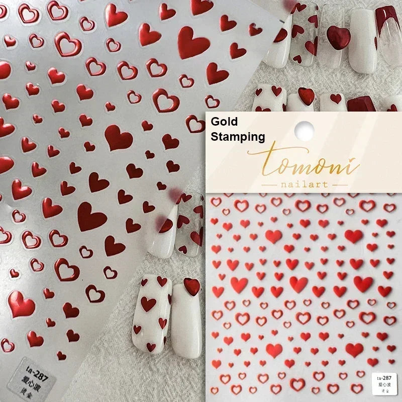 Colorful Cat's Eye 5D gradient European love heart gem nail art stickers with geometric wing designs for manicure decoration.