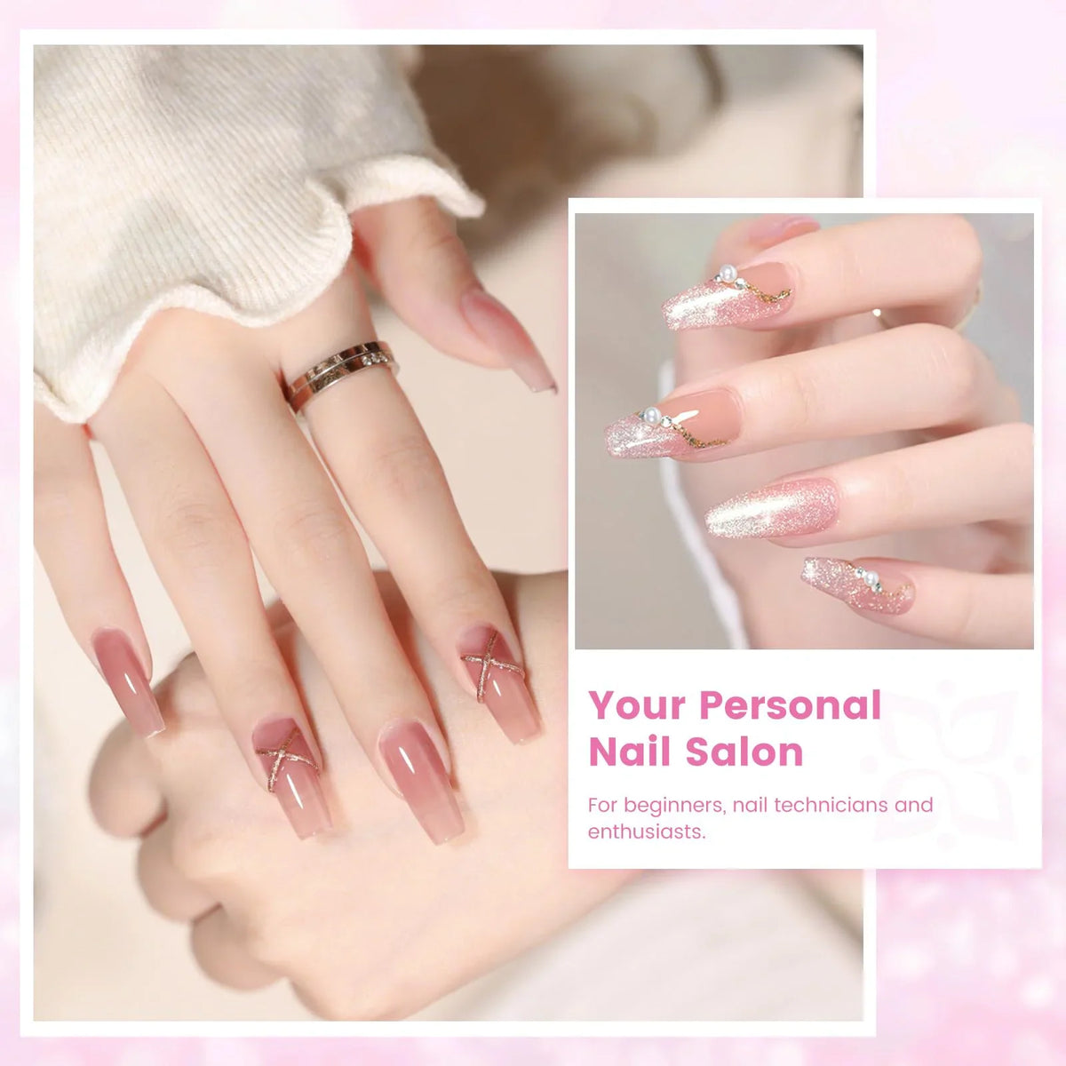 Blushimmer acrylic nail kit with clear, white, pink powders, acrylic liquid, brush, forms, cuticle oil pen, and manicure tools.