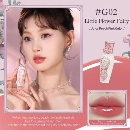 Blushimmer Flower Knows Midsummer Fairytales lip balm with coating film, moisturizing, non-sticky lip glow, in a floral packaging design.