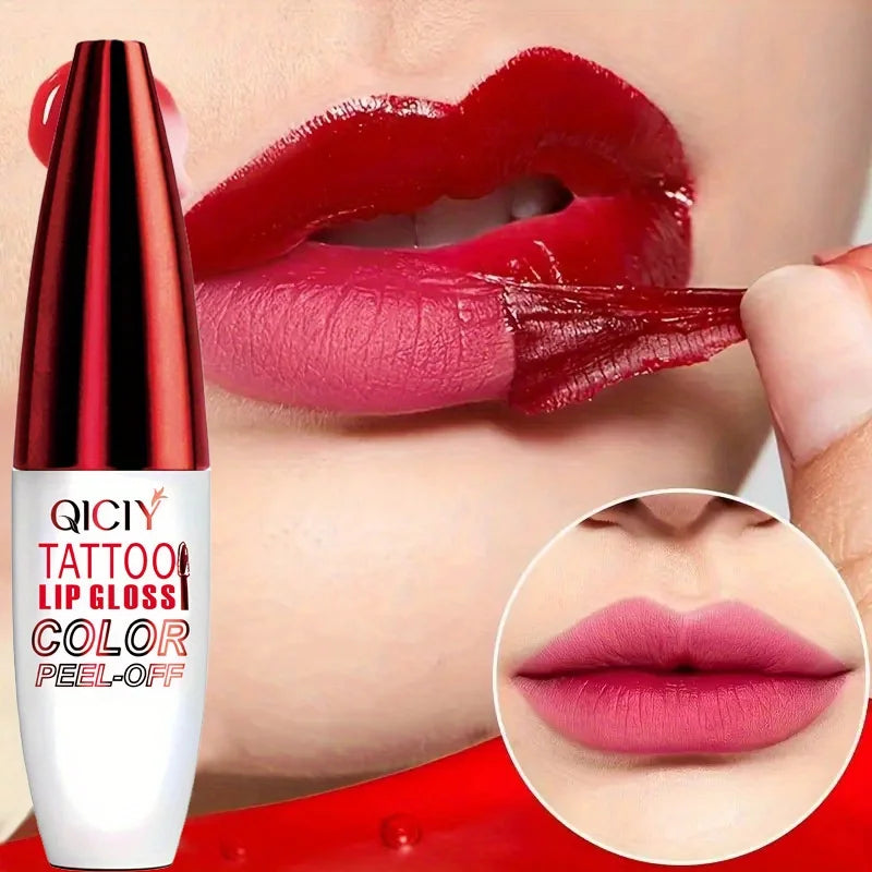 Blushimmer peel-off matte lip gloss in natural mist, showing long-lasting, waterproof tinted lipstick on lips with a smooth finish.