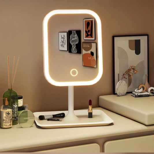 Blushimmer Niche Modern Desktop Vanity Mirror with 3-color LED lighting, touch controls, and sleek design for makeup and dressing.