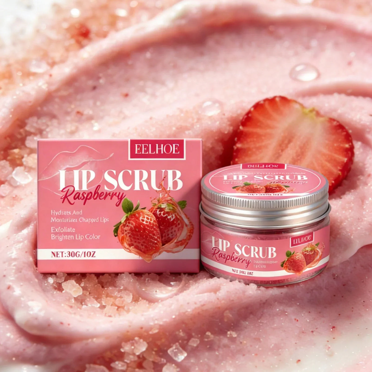 Blushimmer EELHOE strawberry lip scrub with natural exfoliants for removing dead skin and moisturizing lips.
