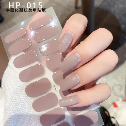 Blushimmer 16Tips glitter semi-cured gel UV sticker with 3D French gradient design and shiny glitter powder for nail decoration.