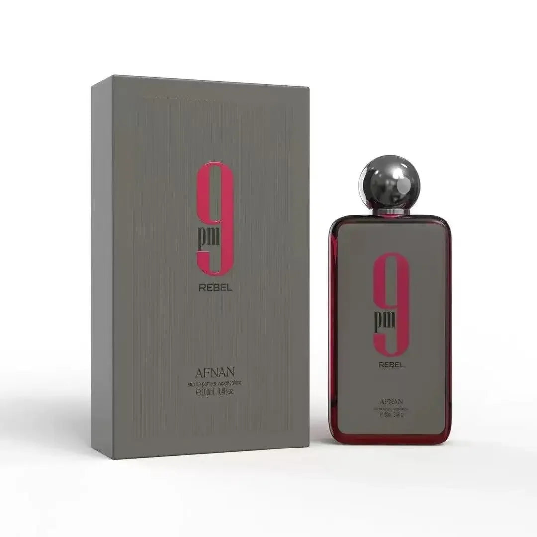 Original AFNAN 9AM 9PM Rebel Dive Eau De Toilette for men and women, featuring elegant perfume bottle and Arabic-inspired design.