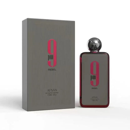 Original AFNAN 9AM 9PM Rebel Dive Eau De Toilette for men and women, featuring elegant perfume bottle and Arabic-inspired design.