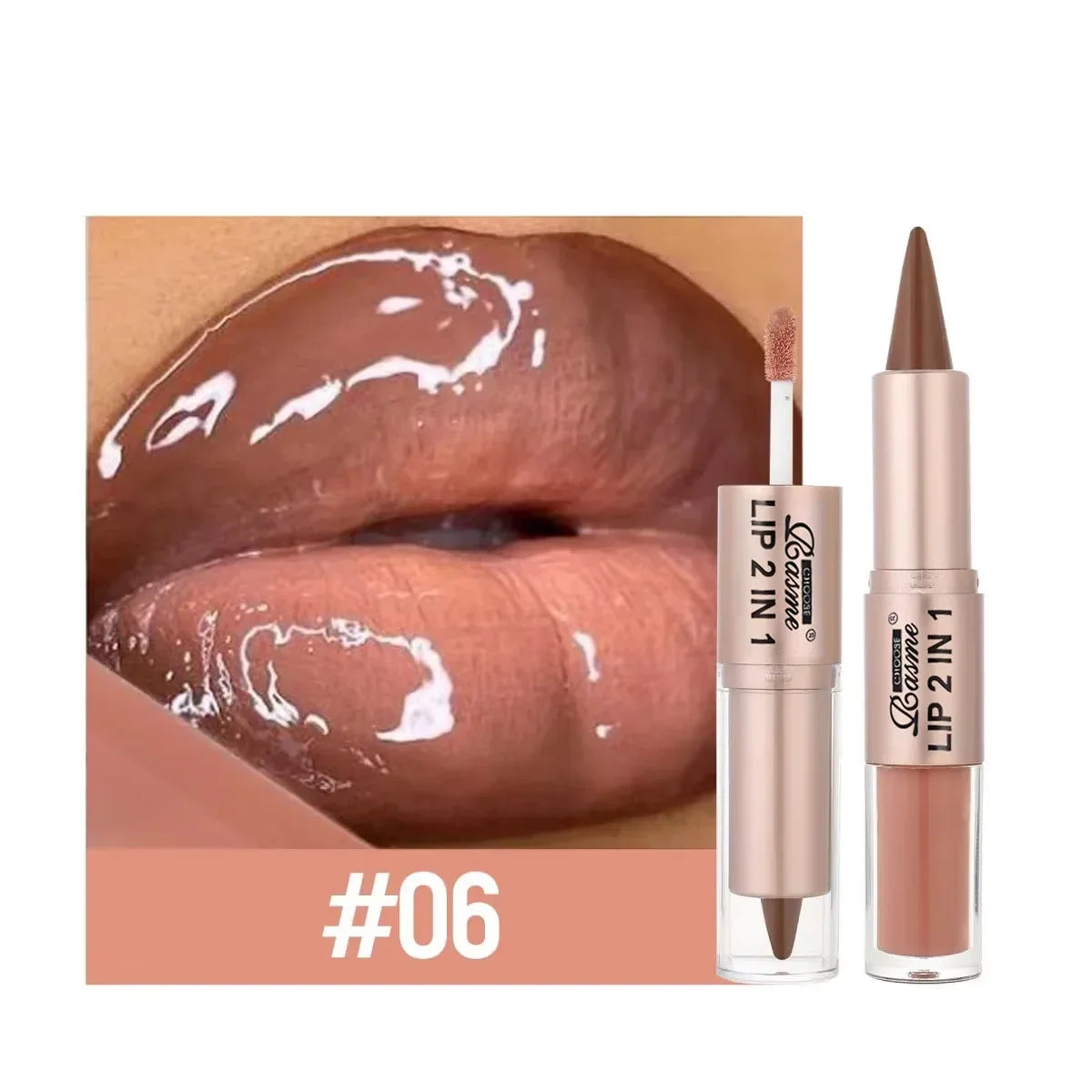 Blushimmer 2-in-1 lipstick and lip gloss with dual-end design, waterproof, long-lasting, moisturizing, glossy finish for plump lips.