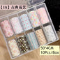 Blushimmer nail art transfer paper featuring 10 rolls of plaid, stars, and bird design nail foils for manicure decoration.