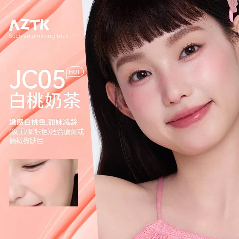 Blushimmer AZTK liquid blush in JC04 shade, showing a close-up of the moisturizing, long-lasting cheek makeup on skin.