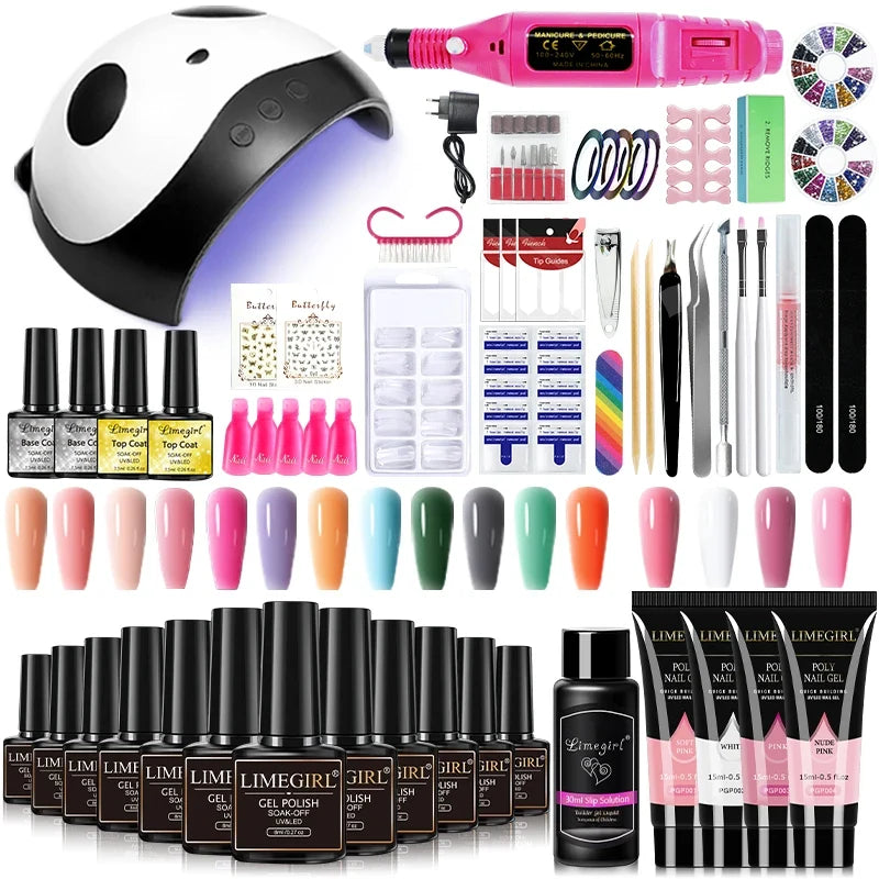 Blushimmer Limegirl nail set with 54W UV nail lamp, 18/12/7 gel polish colors, nail drill, and tools for professional manicures.