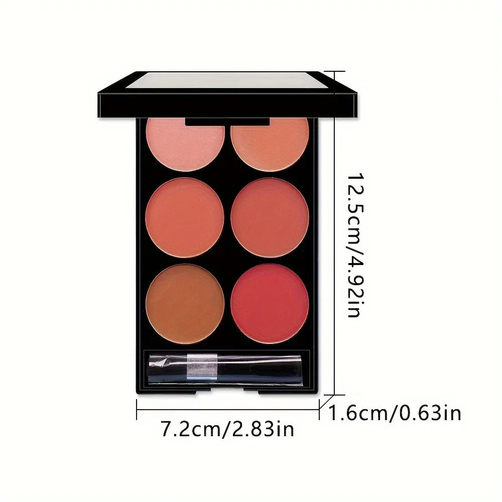 Blushimmer 6-color blush and contouring palette with pearlescent and matte powders for versatile makeup application