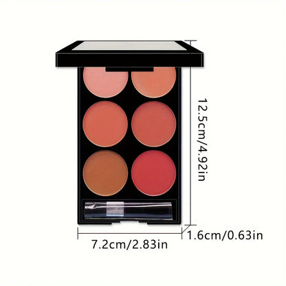 Blushimmer 6-color blush and contouring palette with pearlescent and matte powders for versatile makeup application