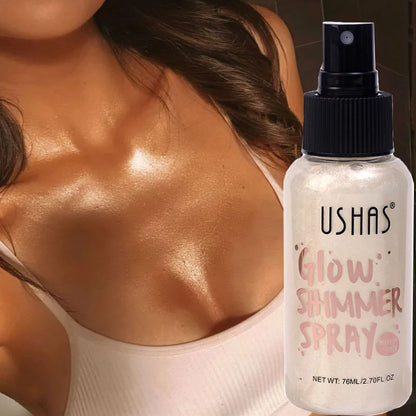 Blushimmer liquid bronzer, highlighter, and setting spray with illuminating shimmer for glowing, contoured, and brightened face.