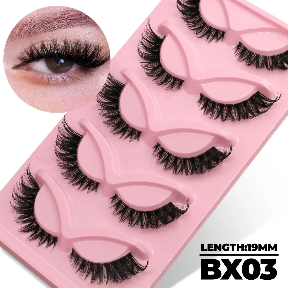 Blushimmer Veltrinay Cat Eye Fake Lashes with clear band, wispy faux mink design for a natural, dramatic look in makeup.